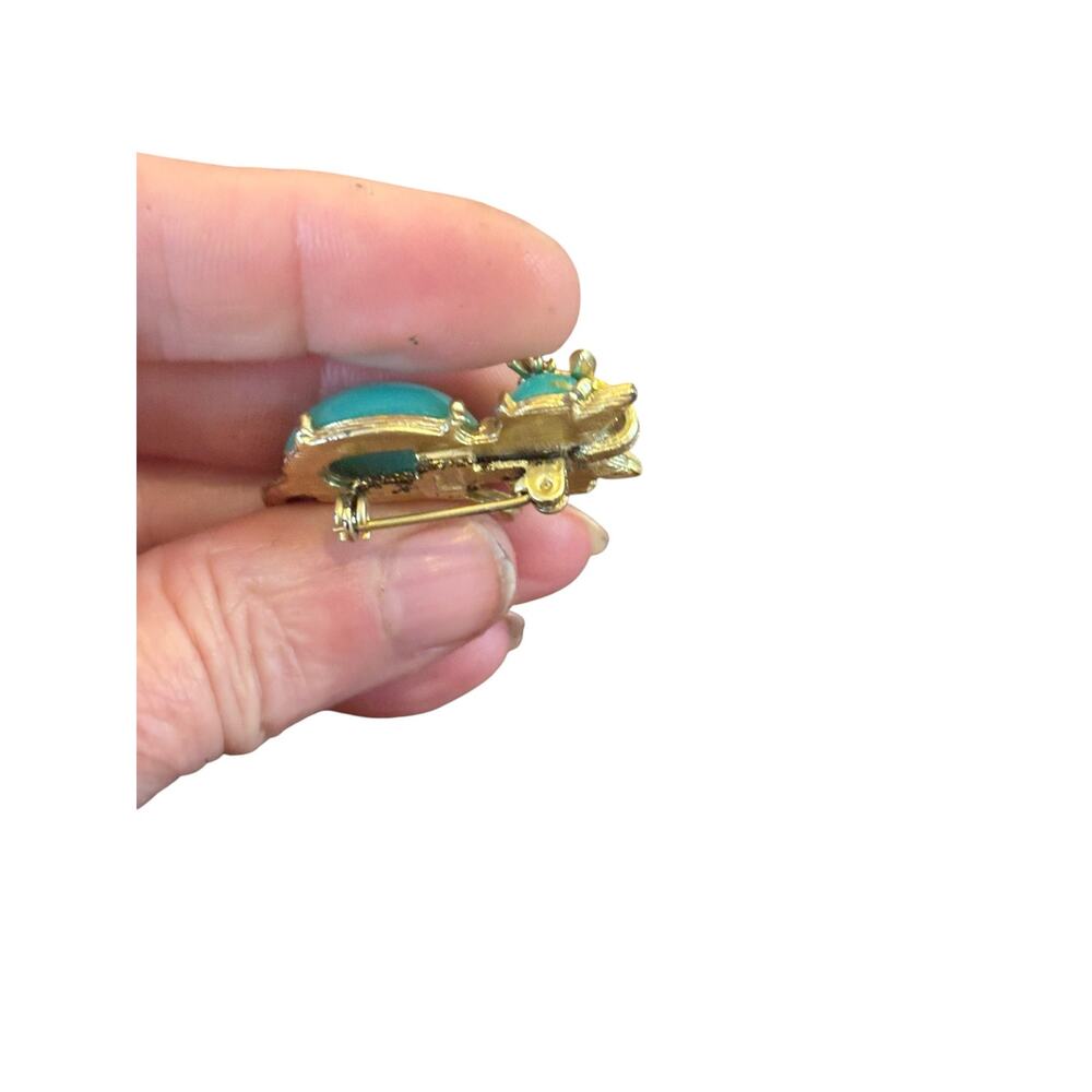Atomic Turquoise Cat Brooch Red Rhinestone Eyes Mid Century Mod Figural Pin - Picture 3 of 8